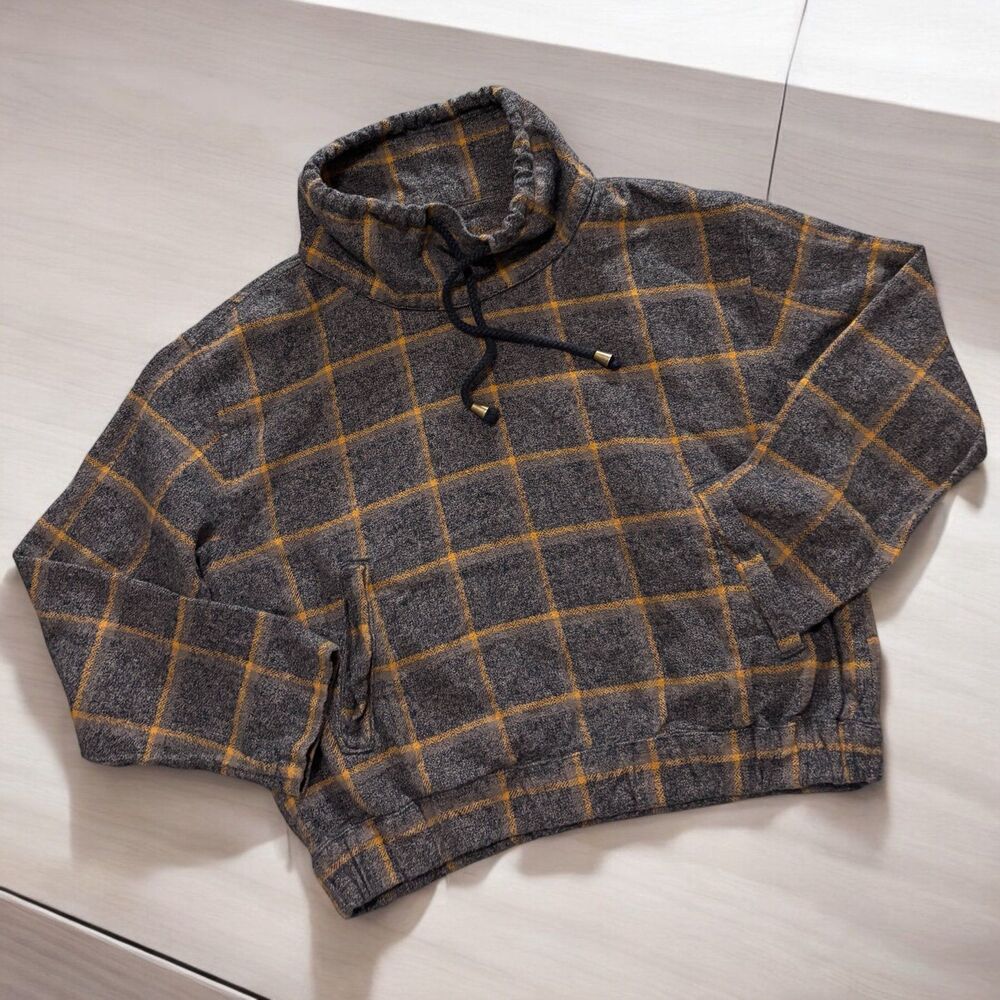 Forever 21 Pullover Gray Plaid Cowl Neck Knit Top Shirt Cropped Top Women’s Sz S